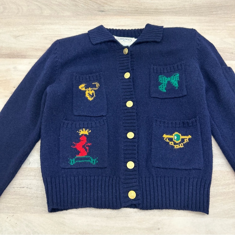 Vintage Components 100% Pure Wool Shetland Emblems Cardigan Sweater Size Small